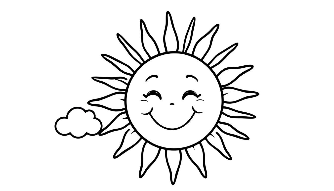 Un soleil joyeux souriant avec des rayons et un petit nuage sur un fond blanc, parfait pour un color panel.