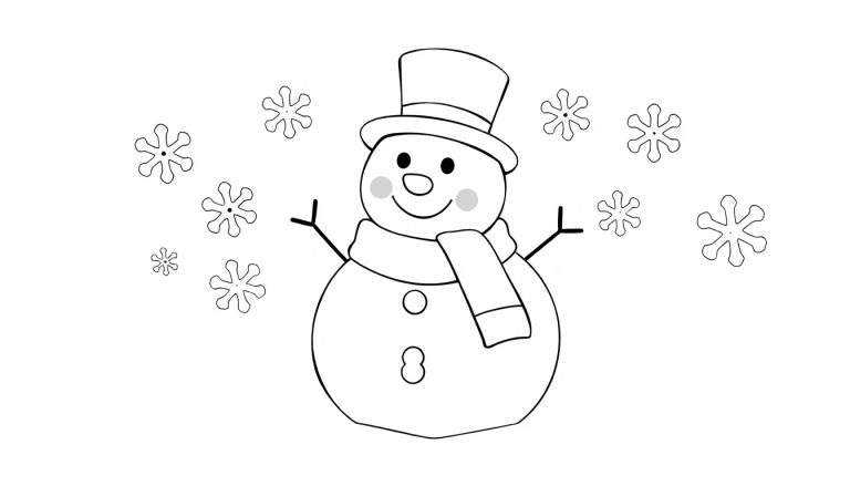 Un bonhomme de neige souriant avec un chapeau haut de forme, une écharpe et des bras de brindilles, entouré de flocons de neige.