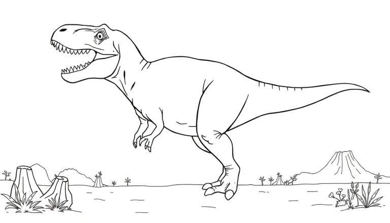Un dessin au trait d'un Tyrannosaure Rex rugissant dans un paysage préhistorique, prêt pour le color panel.