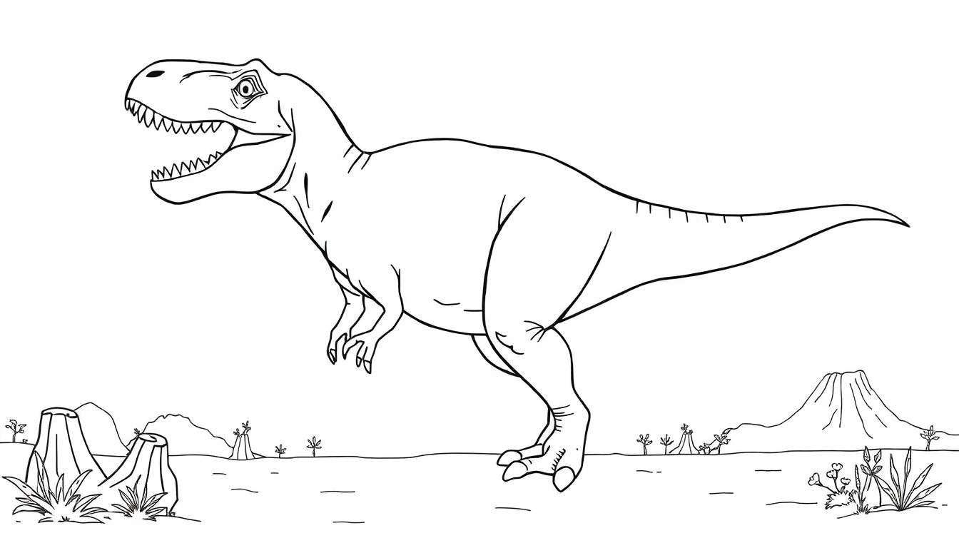 Un dessin au trait d'un Tyrannosaure Rex rugissant dans un paysage préhistorique, prêt pour le color panel.