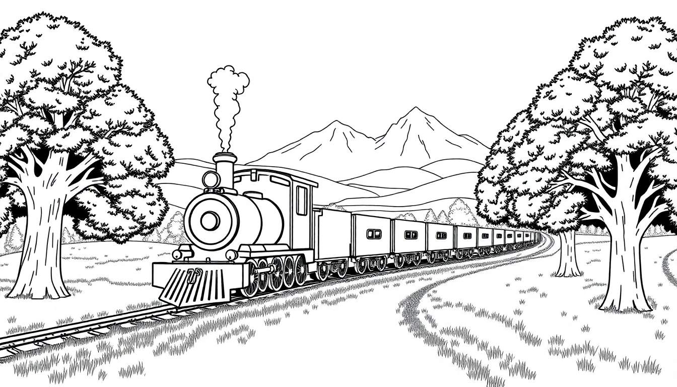 Dessin au trait d'un train à vapeur traversant une campagne avec des arbres et des montagnes, un color panel.