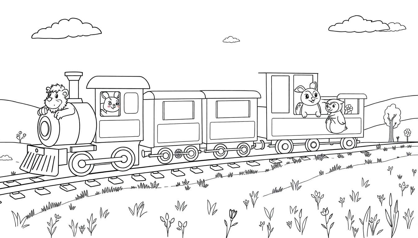 Un dessin au trait d'un train avec un lion et un lapin à l'avant, et un chien et un hibou dans les wagons, traversant un paysage champêtre.