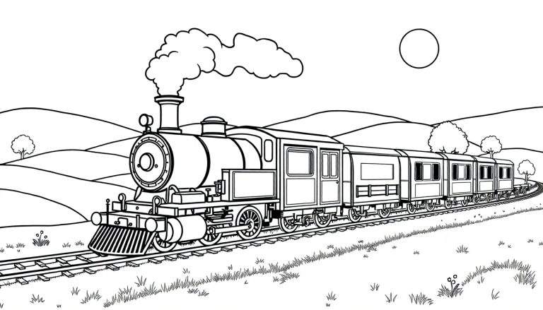 Un dessin au trait noir et blanc d'un train à vapeur traversant la campagne.
