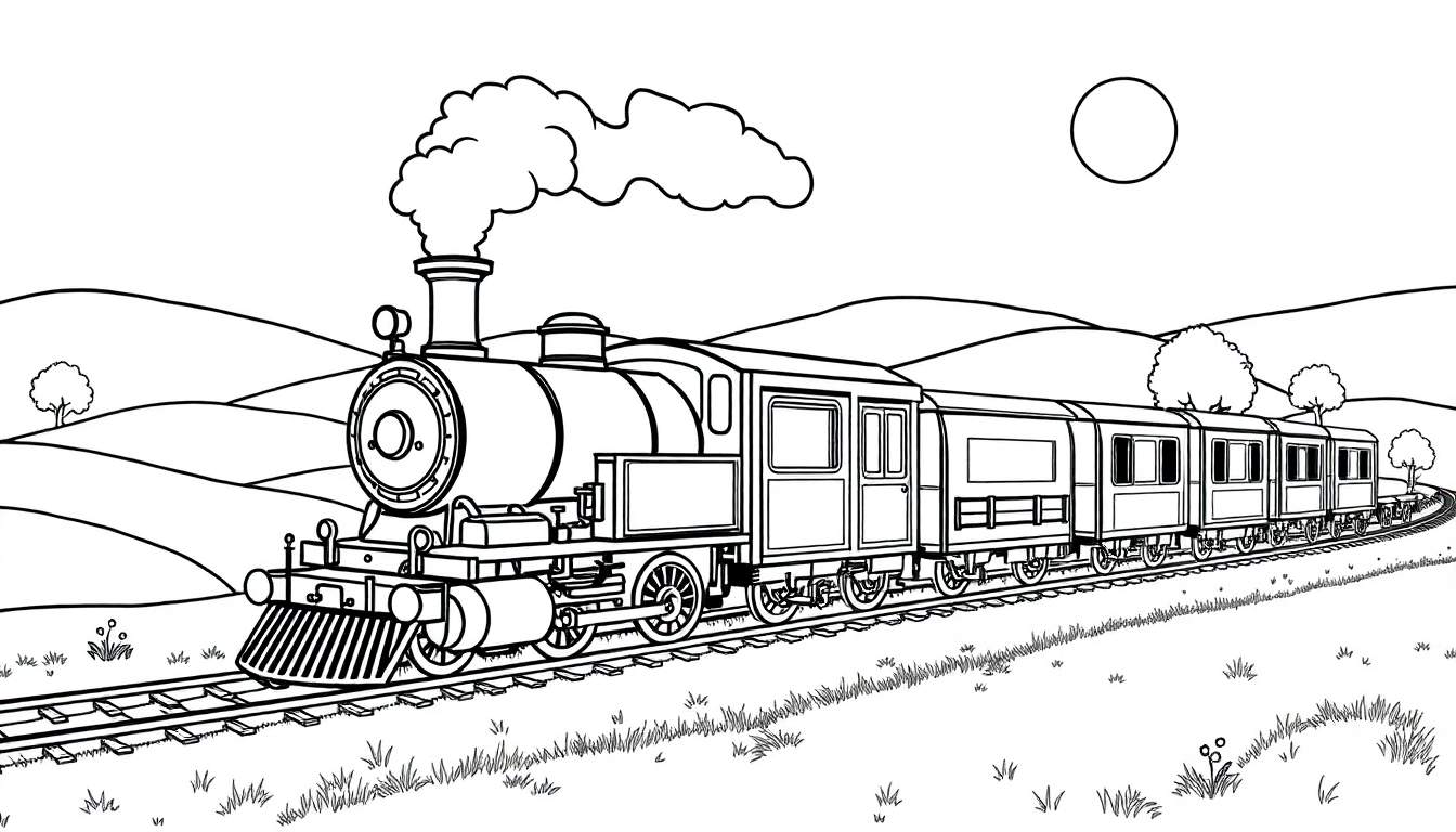 Un dessin au trait noir et blanc d'un train à vapeur traversant la campagne.