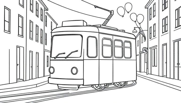Illustration de livre de coloriage d'un tramway dans une rue de ville avec des ballons dans le ciel, un color panel.
