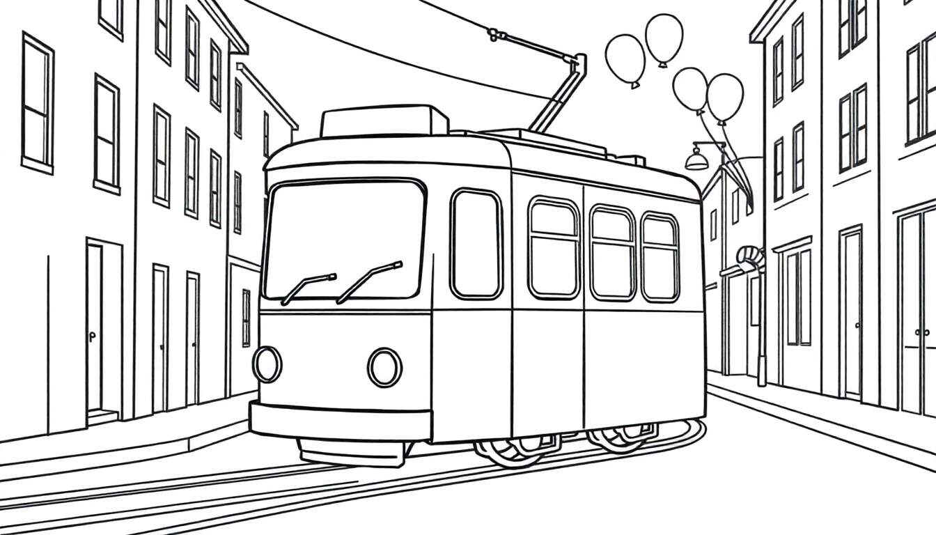 Illustration de livre de coloriage d'un tramway dans une rue de ville avec des ballons dans le ciel, un color panel.