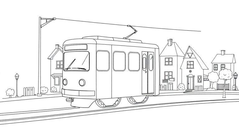 Dessin au trait d'un tramway urbain avec des maisons et des arbres, sur une voie ferrée avec fil d'alimentation.