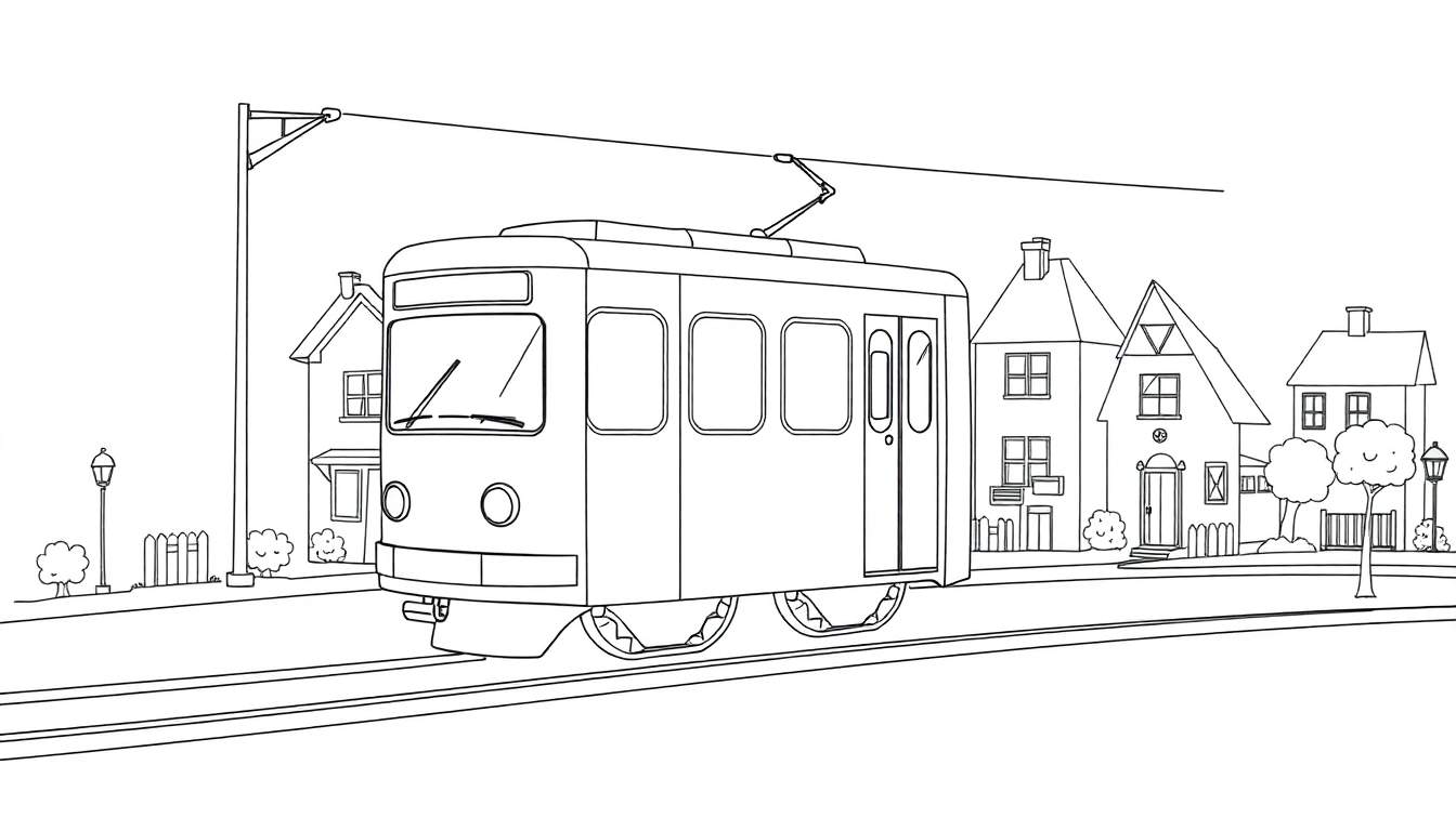 Dessin au trait d'un tramway urbain avec des maisons et des arbres, sur une voie ferrée avec fil d'alimentation.