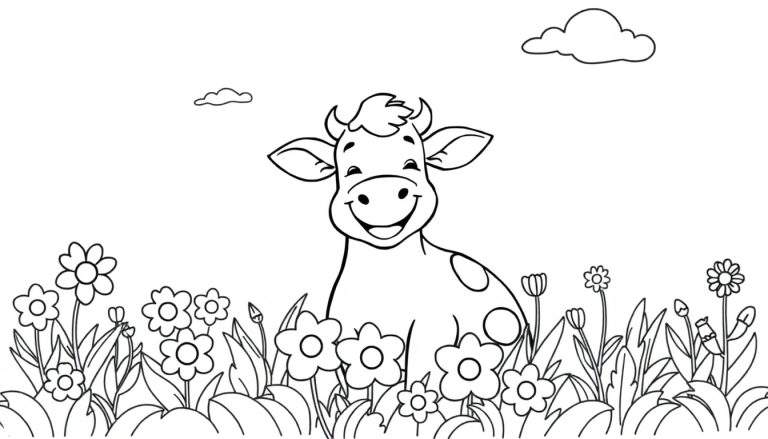 Un veau souriant dans un champ de fleurs, avec un dessin au trait prêt pour le color panel.