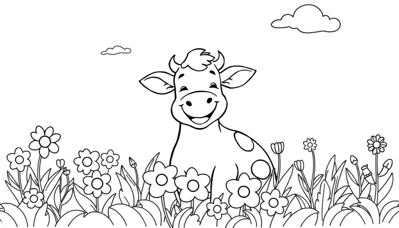 Un veau souriant dans un champ de fleurs, avec un dessin au trait prêt pour le color panel.