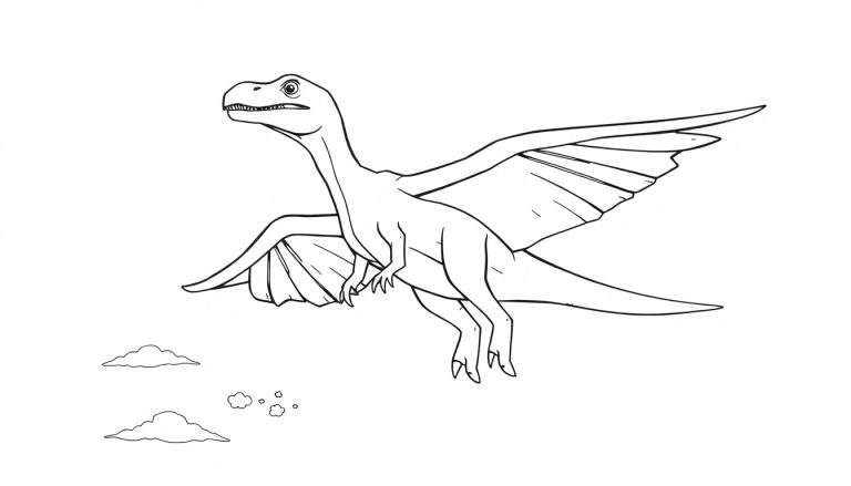 Un dinosaure à plumes, peut-être un Microraptor, vole dans un ciel parsemé de nuages, un dessin en noir et blanc de style coloriage.