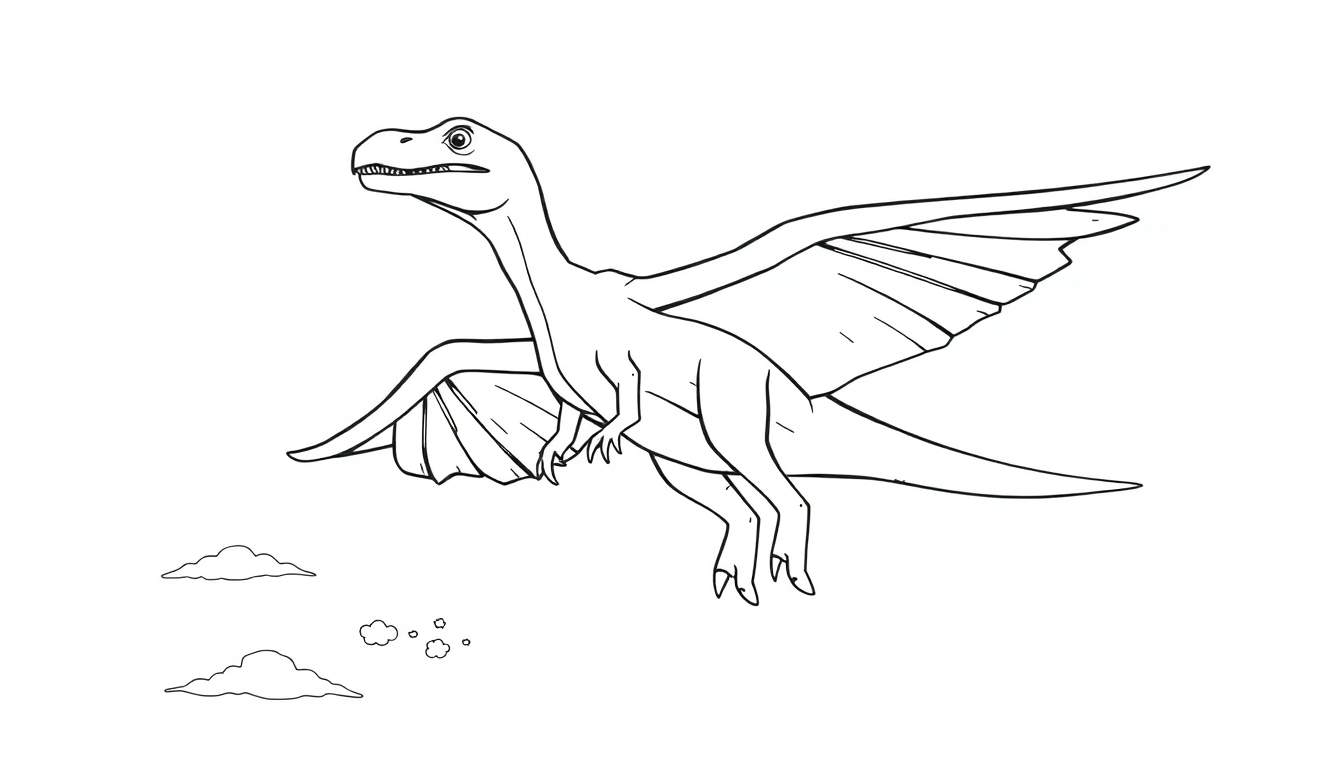 Un dinosaure à plumes, peut-être un Microraptor, vole dans un ciel parsemé de nuages, un dessin en noir et blanc de style coloriage.