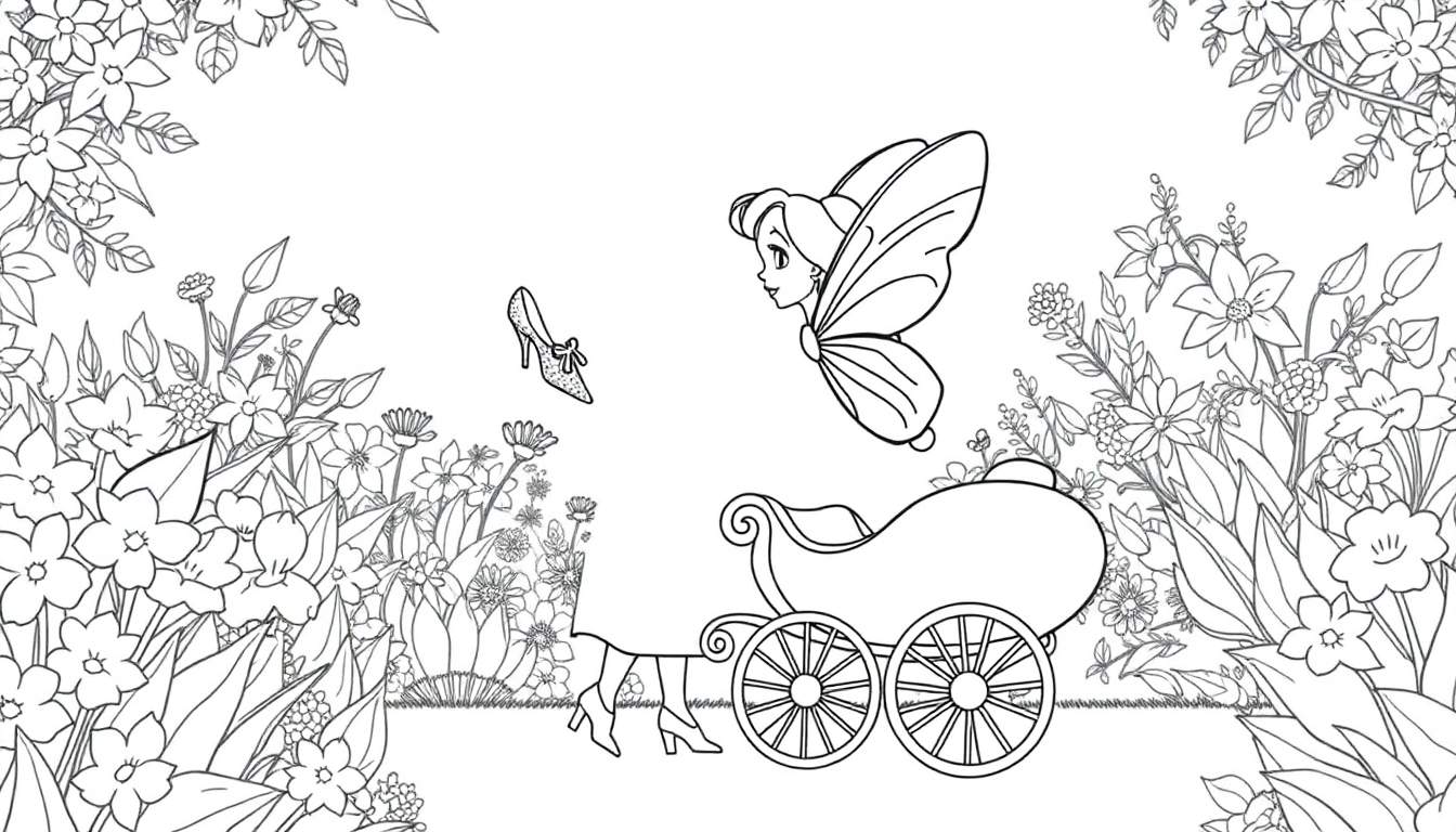 Dessin en noir et blanc d'une fée volant au-dessus d'un landau avec une chaussure de verre flottant dans les airs, entouré de motifs floraux.