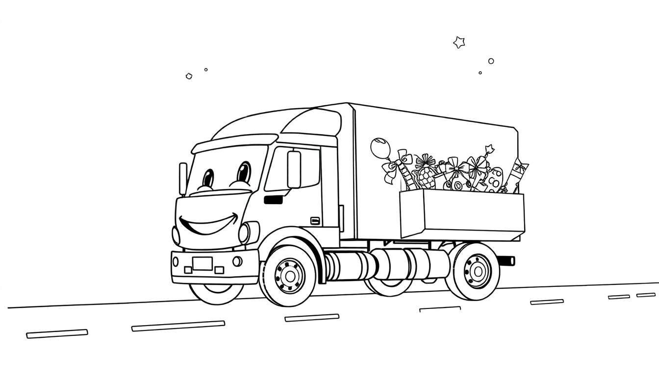 Un camion anthropomorphe joyeux transportant des cadeaux sur une route, prêt à être coloré.