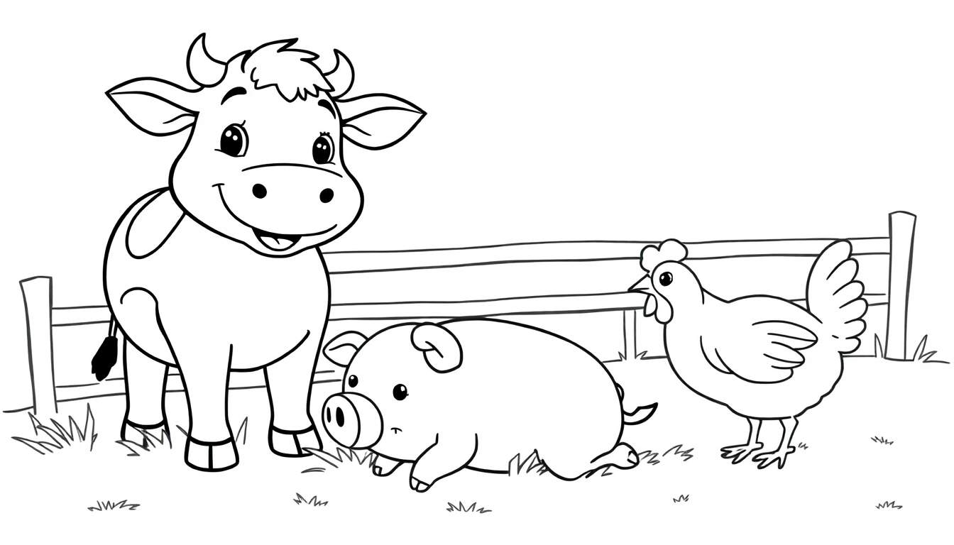 Dessin en noir et blanc d'une vache, d'un cochon et d'une poule dans un enclos, parfait pour un color panel.
