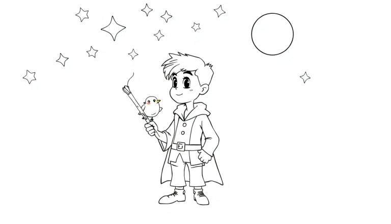 Un jeune garçon en costume de sorcier tenant une baguette avec un oiseau, sous un ciel étoilé avec la lune.