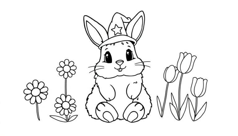 Un lapin mignon portant un chapeau d'étoile dans un panneau de coloriage de jardin.