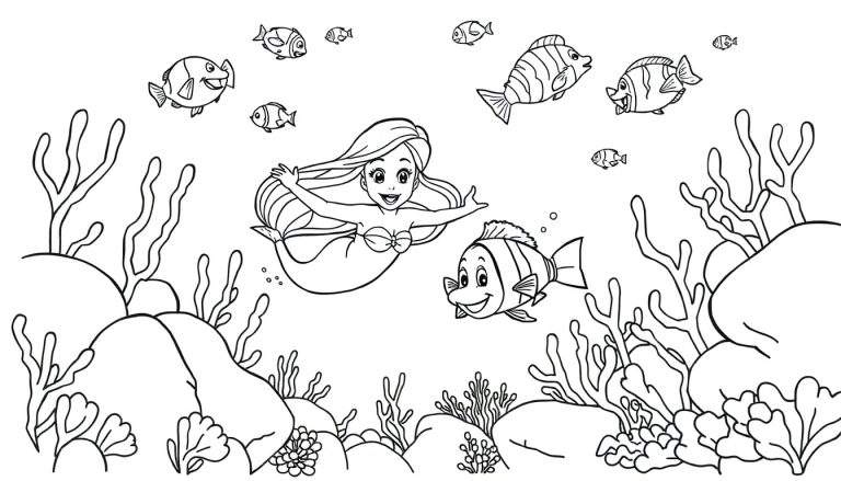 Une sirène souriante nage avec des poissons dans un coloriage sous-marin.