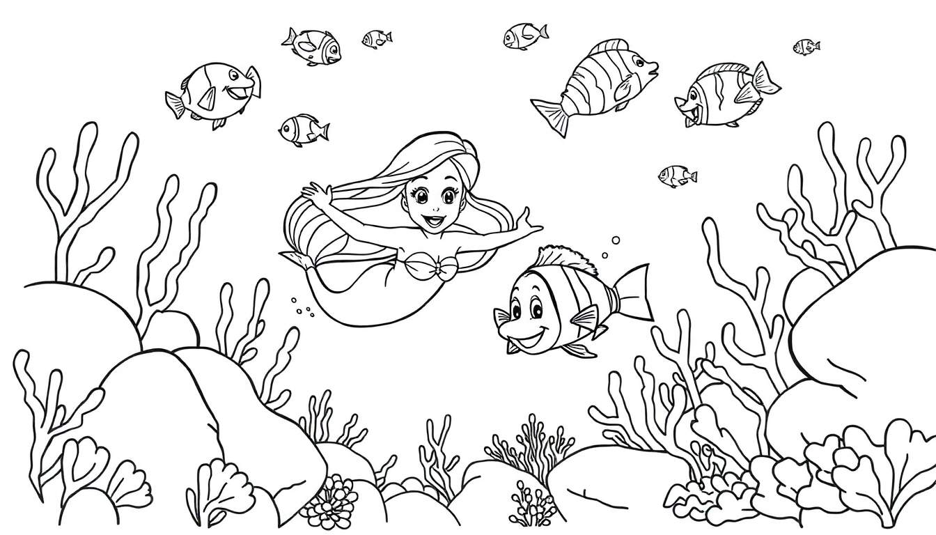 Une sirène souriante nage avec des poissons dans un coloriage sous-marin.