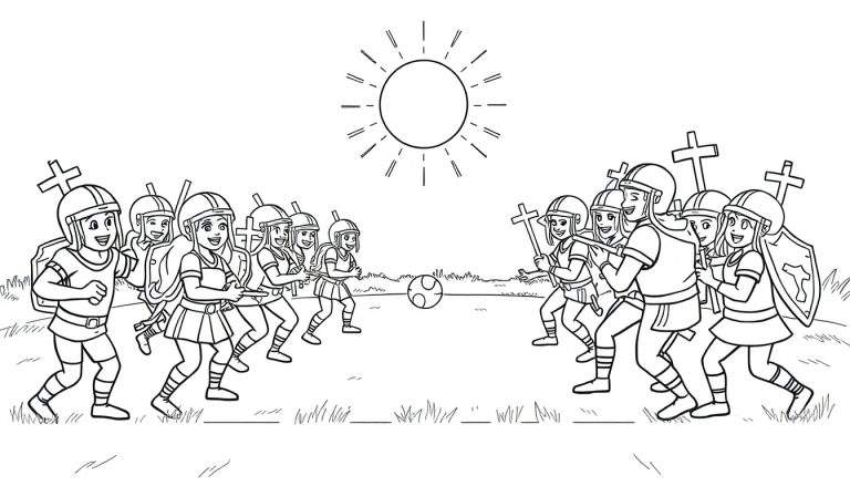 Une équipe d'enfants en armure jouant au football avec un soleil éclatant en arrière-plan, montrant un panneau coloré des uniformes.