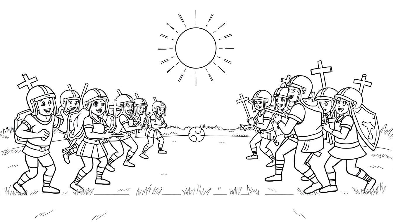 Une équipe d'enfants en armure jouant au football avec un soleil éclatant en arrière-plan, montrant un panneau coloré des uniformes.
