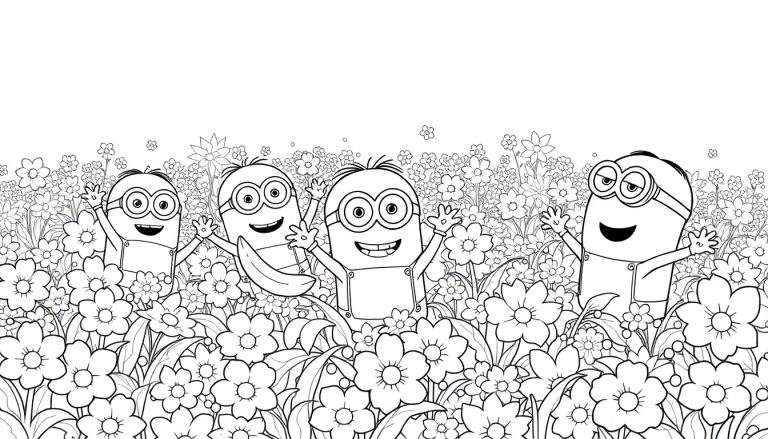 Quatre Minions jaunes joyeux dans un champ de fleurs colorées, avec un color panel visible.