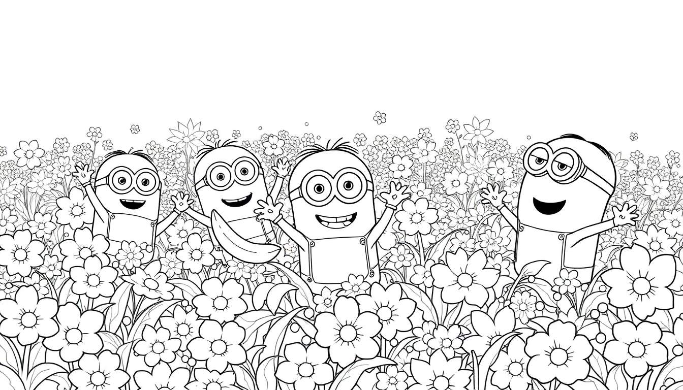 Quatre Minions jaunes joyeux dans un champ de fleurs colorées, avec un color panel visible.