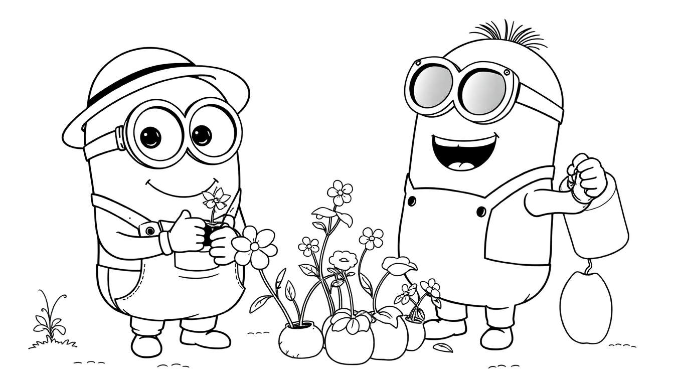 Dessin au trait d'un Minion tenant une plante et d'un Minion tenant un arrosoir, avec des fleurs dans des pots entre eux, comme sur un color panel.