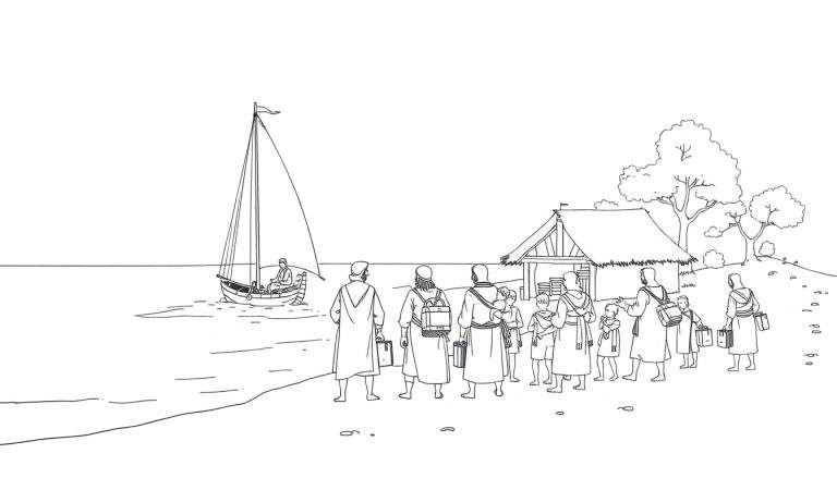 Illustration en noir et blanc de pèlerins sur une plage regardant un bateau à voile. Comprend un color panel pour les activités.