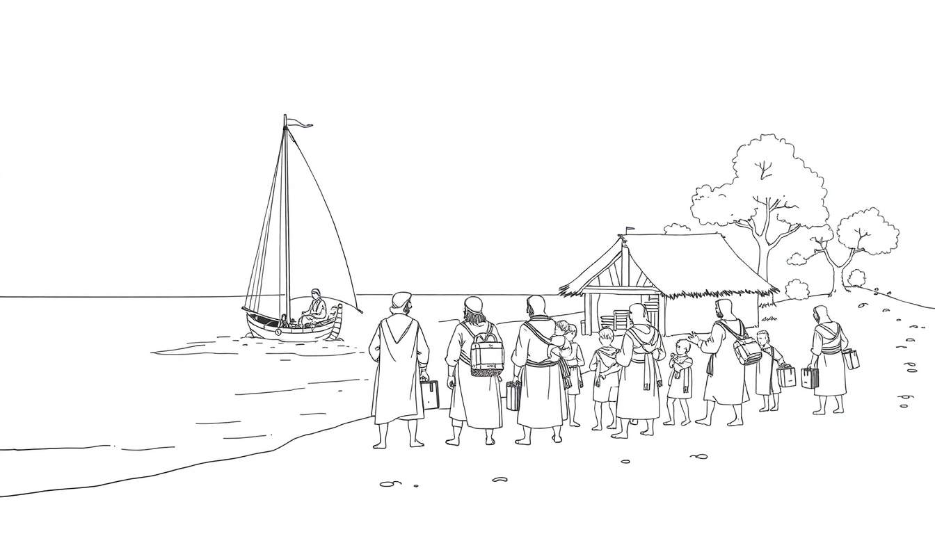 Illustration en noir et blanc de pèlerins sur une plage regardant un bateau à voile. Comprend un color panel pour les activités.