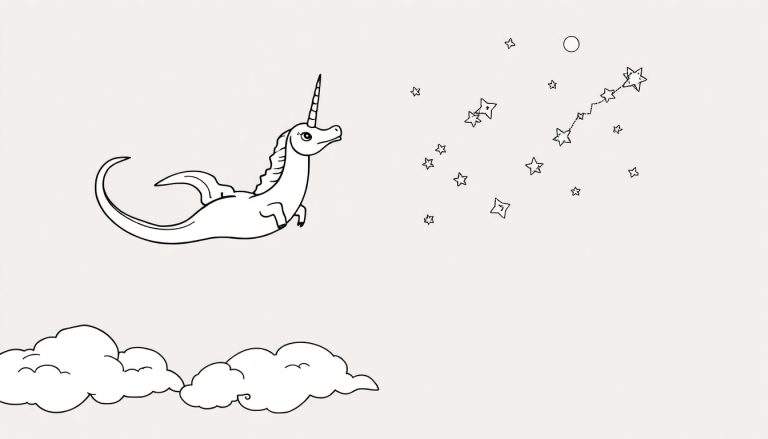Une adorable licorne ailée vole dans un ciel étoilé avec des nuages doux, parfaite pour un color panel.
