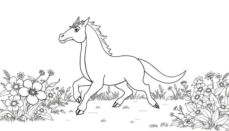 Dessin au trait d'une licorne galopant dans un champ de fleurs, disponible sur un color panel.