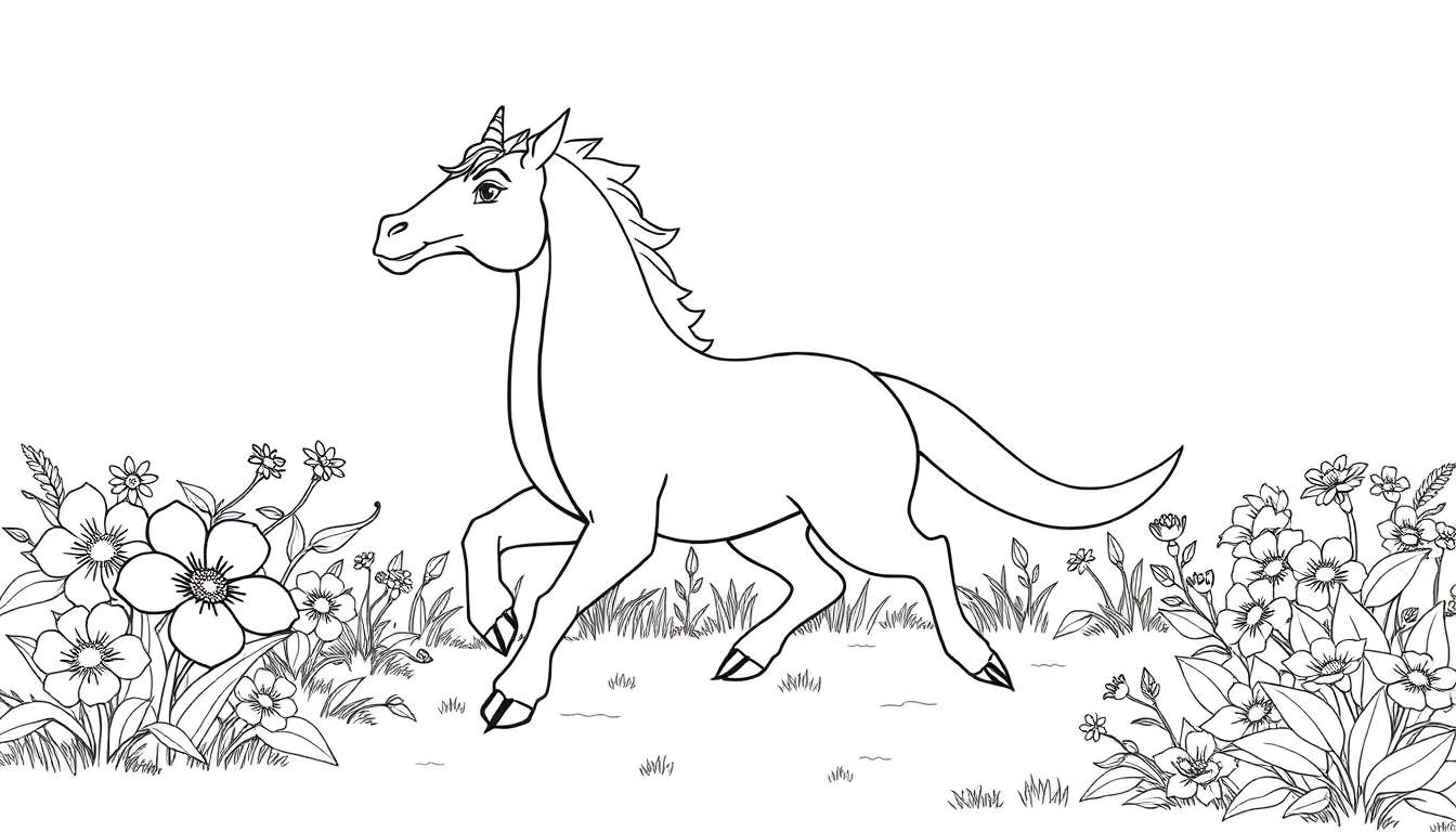 Dessin au trait d'une licorne galopant dans un champ de fleurs, disponible sur un color panel.