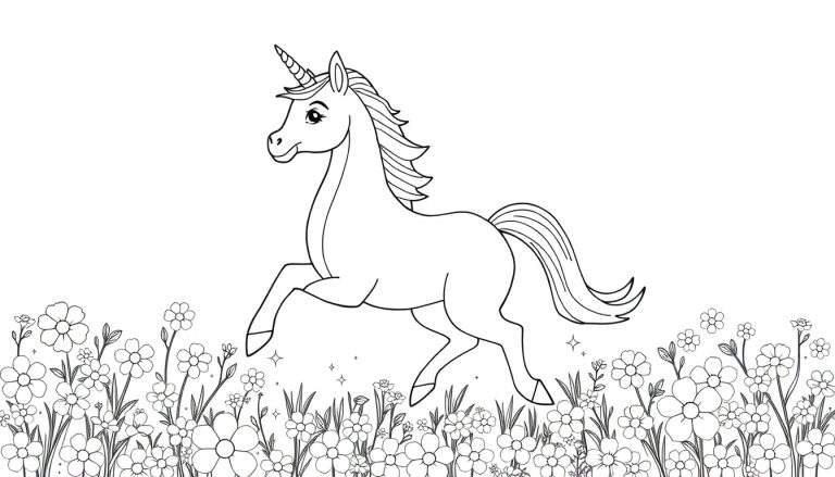 Dessin au trait d'une licorne galopant dans un champ de fleurs, prête pour le coloriage.