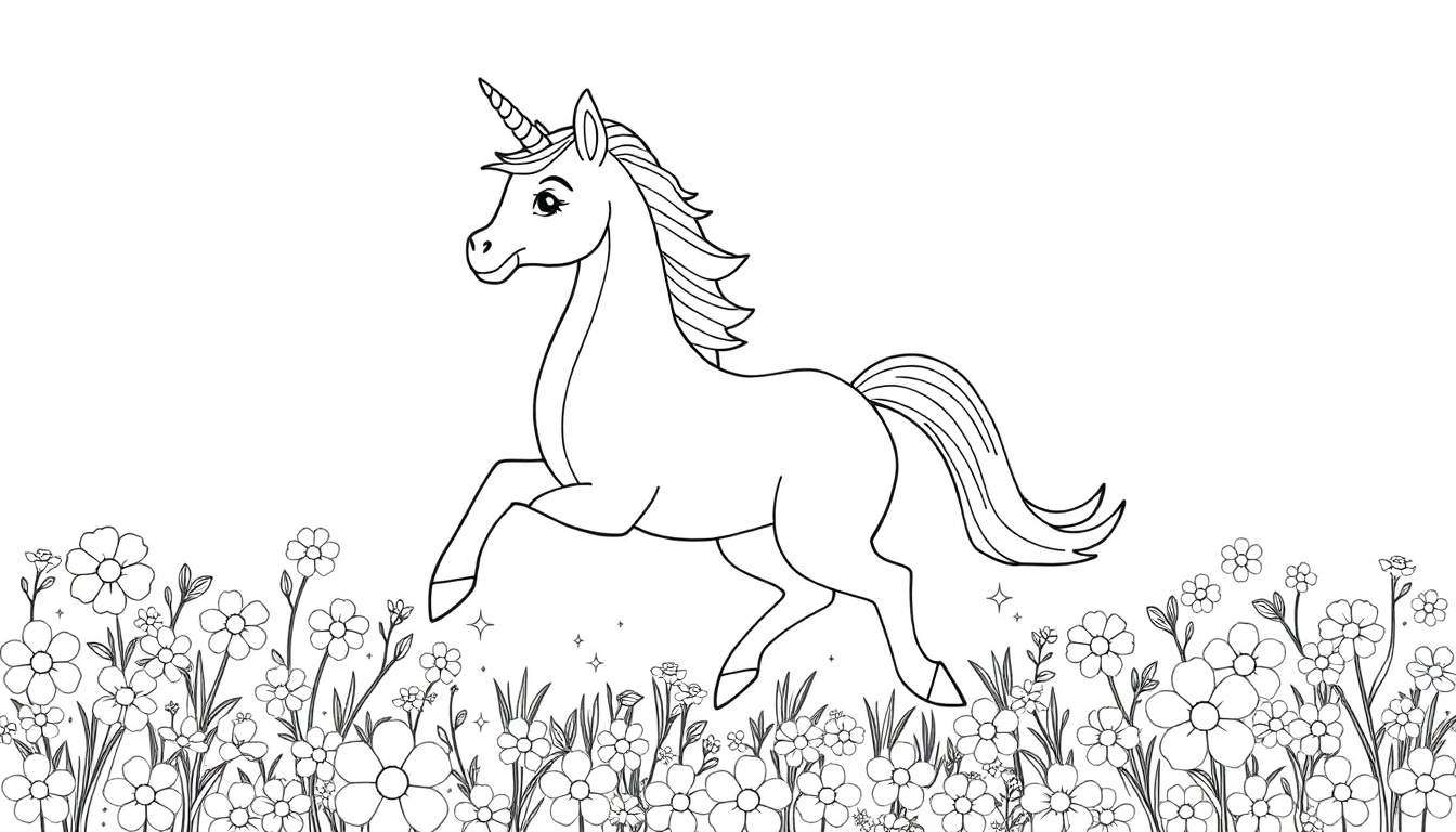 Dessin au trait d'une licorne galopant dans un champ de fleurs, prête pour le coloriage.