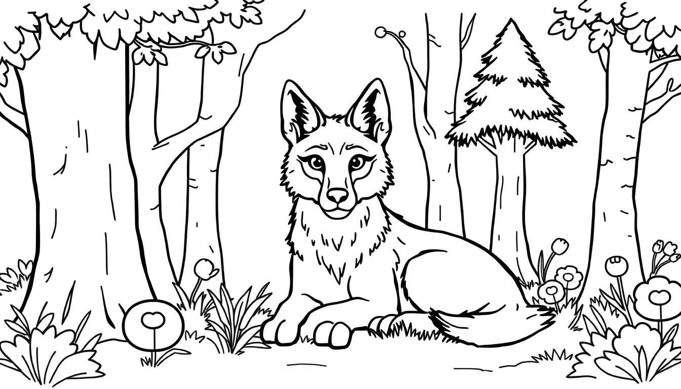 Un loup au trait à colorier dans la forêt avec des arbres et des fleurs.