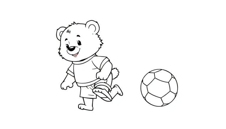 Un ours en peluche mignon jouant au football, colorant le ballon et le terrain.