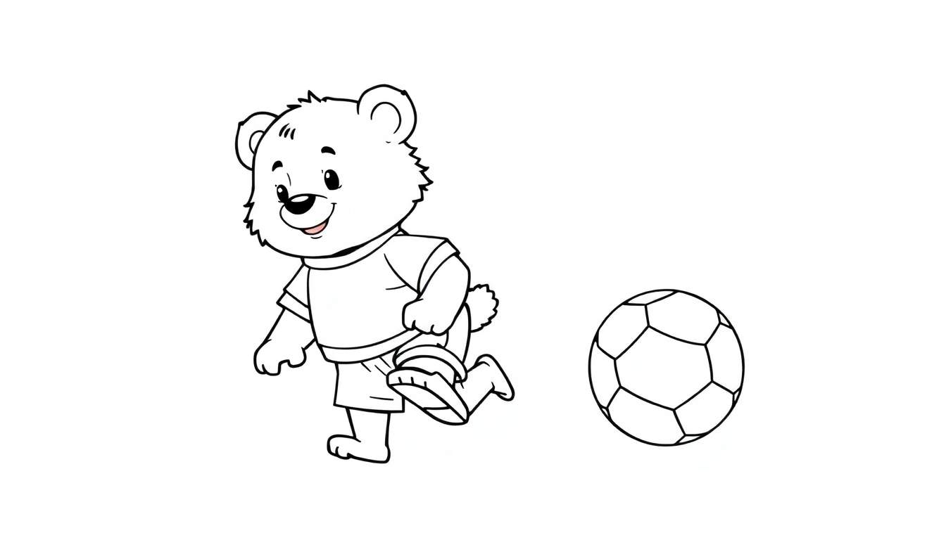 Un ours en peluche mignon jouant au football, colorant le ballon et le terrain.