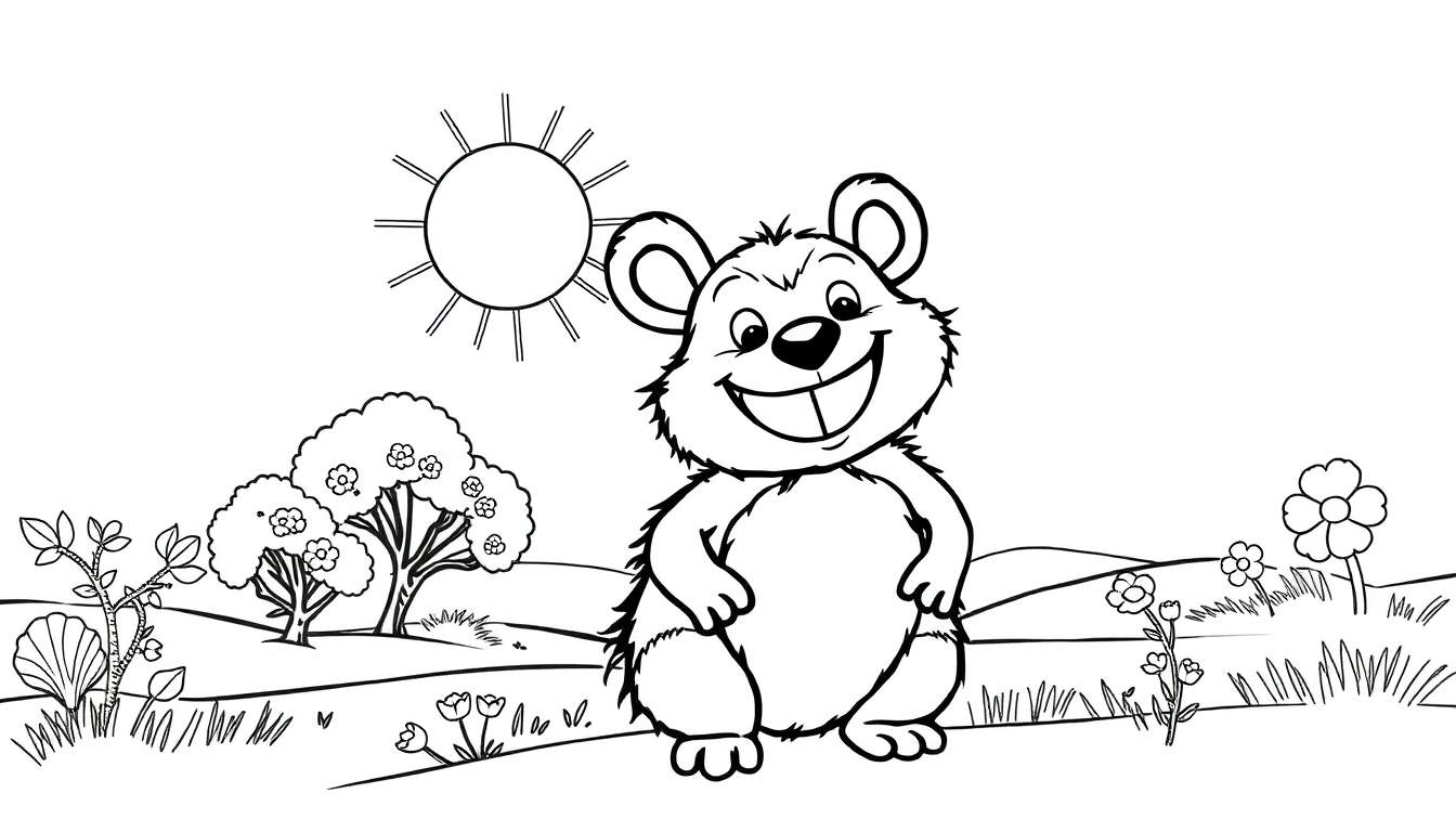 Dessin au trait d'un ours joyeux avec un soleil, des arbres et des fleurs.