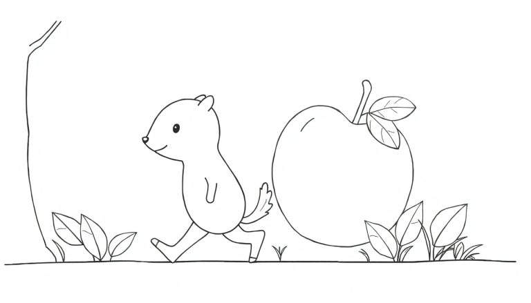 Un écureuil souriant avec une pomme près d'un arbre.