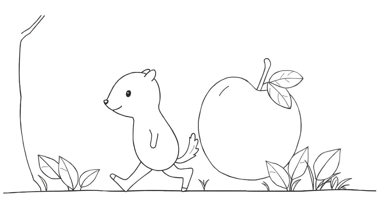 Un écureuil souriant avec une pomme près d'un arbre.