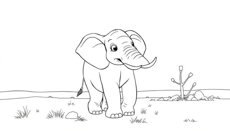 Dessin au trait d'un éléphant enfantin dans un champ d'herbe, prêt pour un color panel.