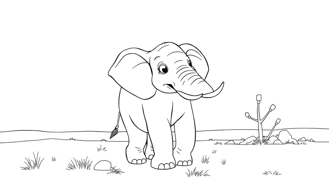 Dessin au trait d'un éléphant enfantin dans un champ d'herbe, prêt pour un color panel.