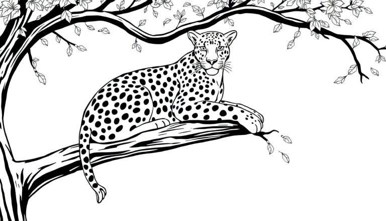 Un léopard noir et blanc se repose sur une branche, prêt à être coloré.