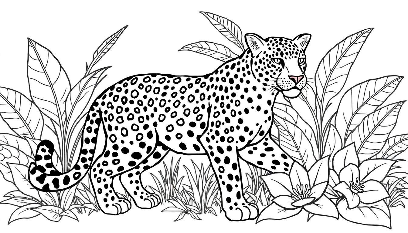Léopard en noir et blanc avec des feuilles tropicales dans un style dessin au trait pour coloriage.