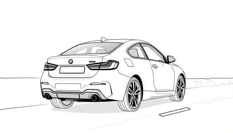 Une voiture BMW de sport vue de l'arrière, style dessin au trait, avec un aileron et deux pots d'échappement, avec un color panel pour la personnalisation.