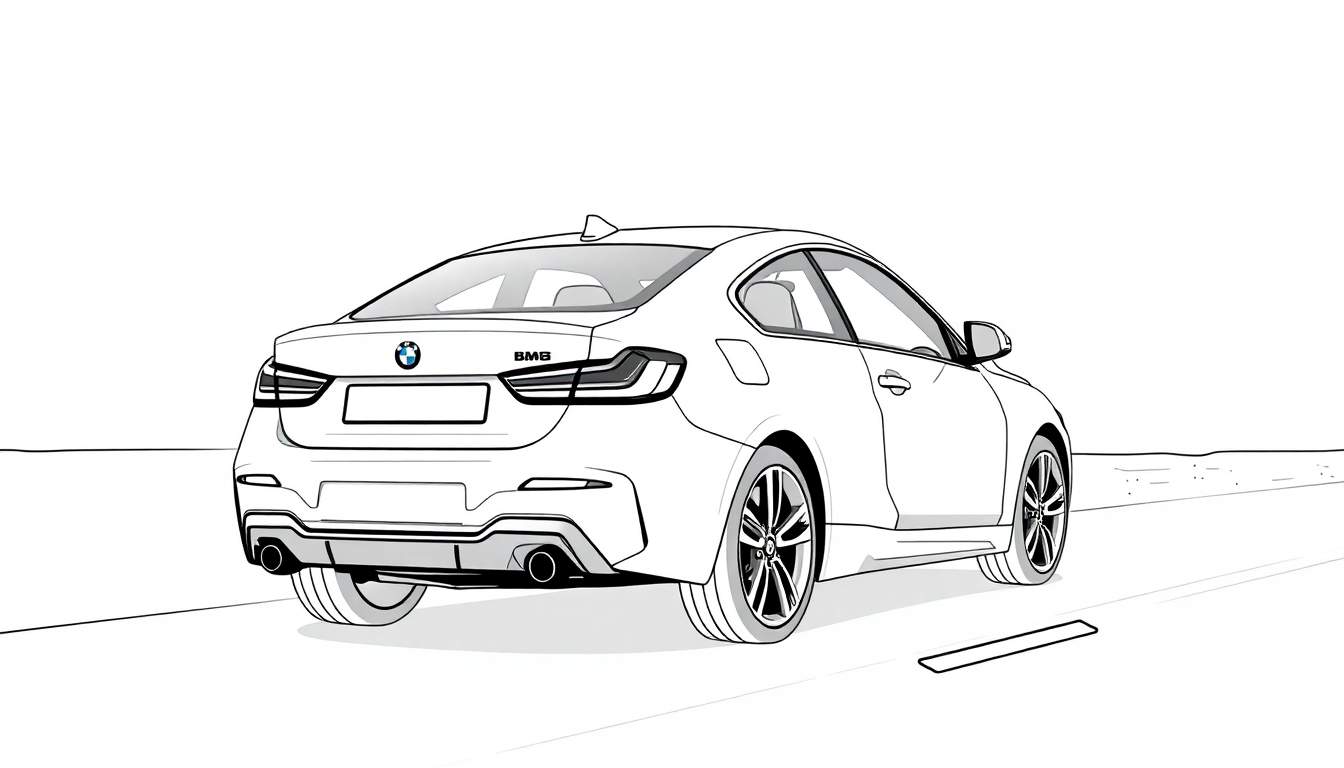 Une voiture BMW de sport vue de l'arrière, style dessin au trait, avec un aileron et deux pots d'échappement, avec un color panel pour la personnalisation.