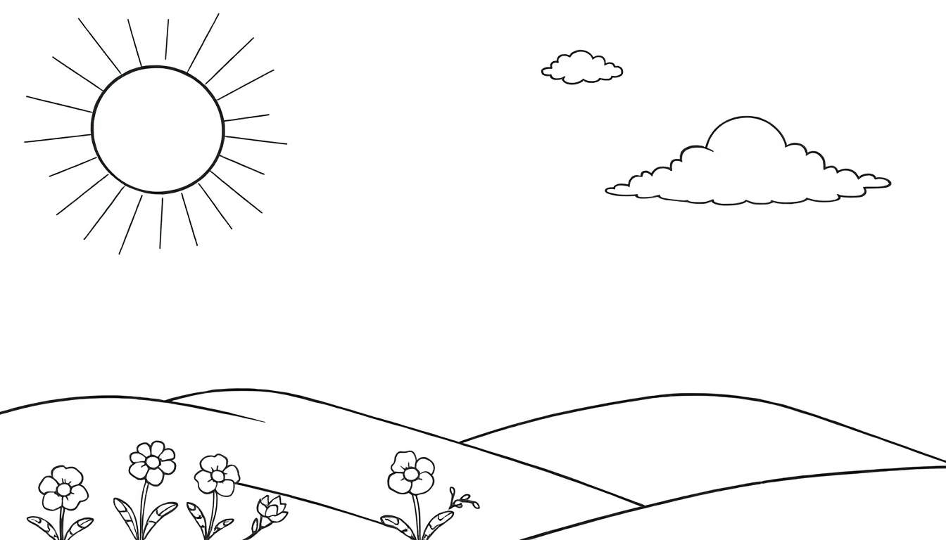 Paysage de coloriage avec soleil, nuages et collines fleuries.