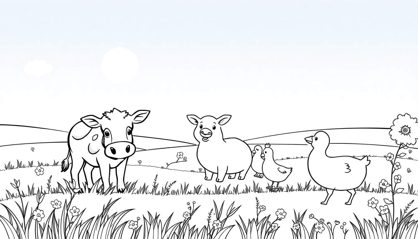 Dessin au trait d'une ferme avec une vache, un cochon, deux poussins et un canard dans un champ, avec un soleil dans le ciel, prêt à être colorié.