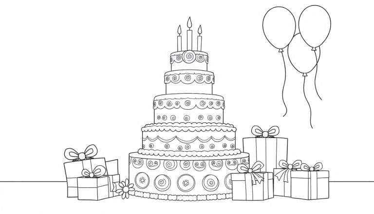 Dessin au trait d'un gâteau d'anniversaire entouré de cadeaux et de ballons, prêt à être colorié.